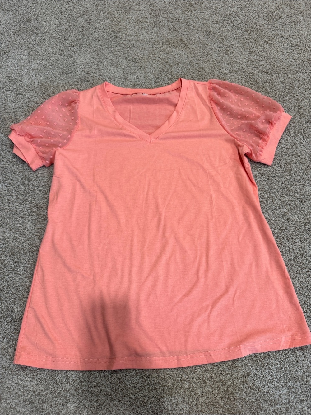 Ofeefan Women’s Large Coral Short Sleeve Top with Swiss Dot Sheer Sleeves
